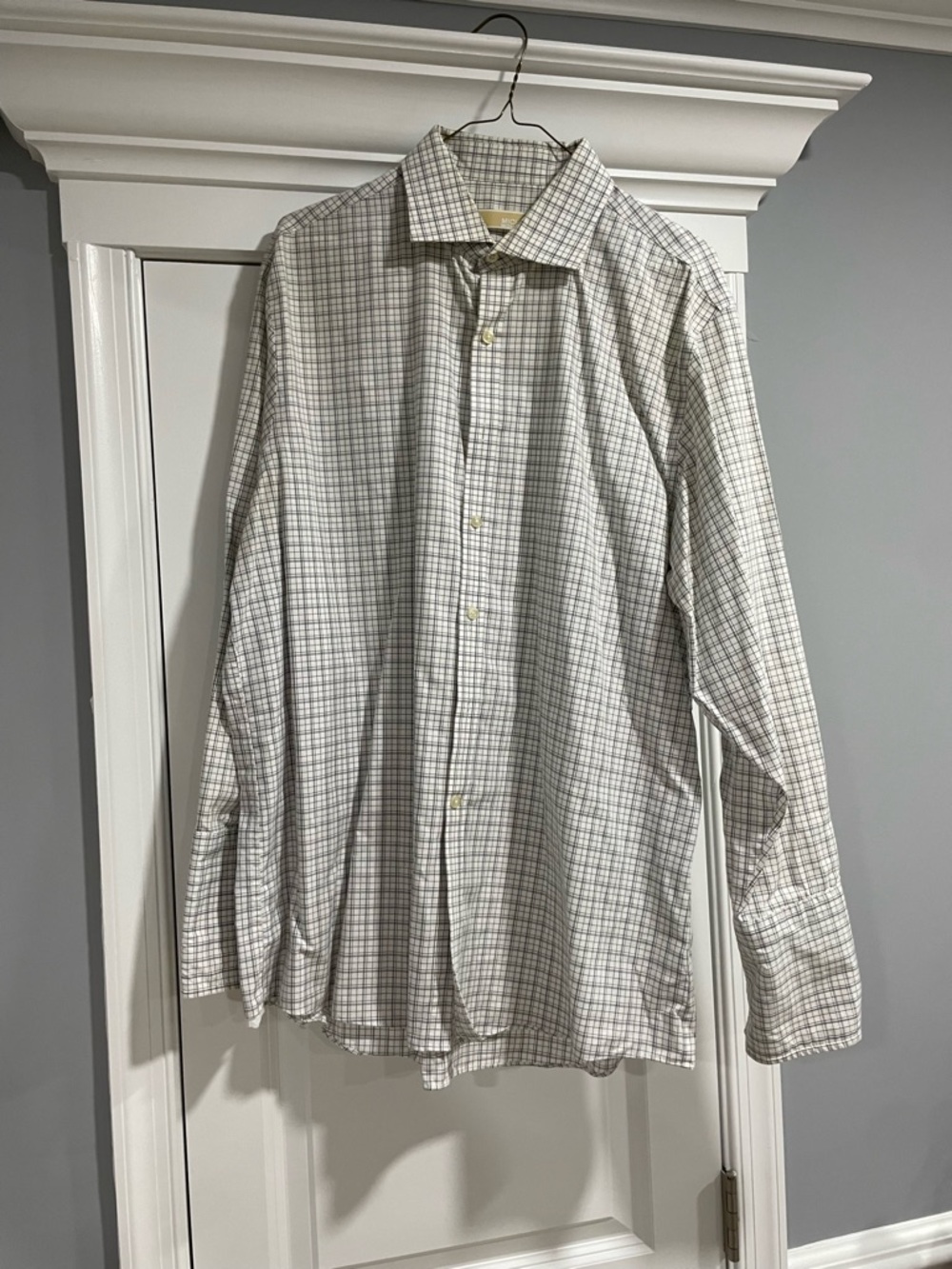 Michael Kors Men's White and Light Gray Checked Dress Shirt (French Cuff)